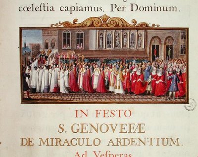 Průvod relikviáře sv. Genevieve, z rukopisu na mši zasvěcenou svaté Genevieve od French School