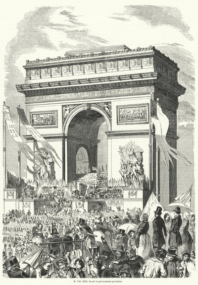 Průvod procházející před francouzskou prozatímní vládou u Arc de Triomphe v Paříži od French School