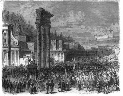 Vyhlášení římské republiky v roce 1798. (Proclamation della repubblica romana nel 1878) Rytina v „Histoire des Papes-King-Queen-and-Empereurs a travers les století“ od Maurice Lachatre od French School