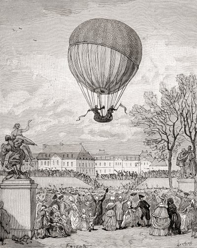 Profesor Jacques Charles a Nicolas-Louis Robert létají 1. prosince 1783 s prvním pilotovaným vodíkovým balonem na světě v Tuilleries Gardens v Paříži z „Histoire de France“, vydaného kolem roku 1880 (rytina) od French School