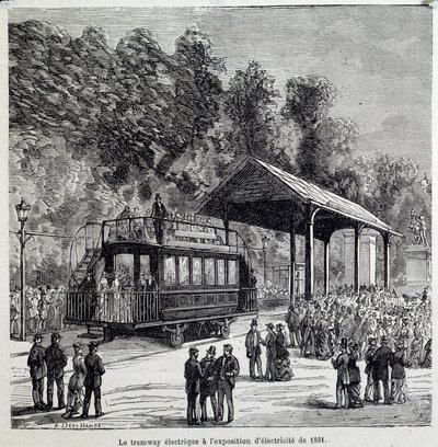 Pokrok v dopravě: elektrická tramvaj vystavovala elektřinu v roce 1881. Rytina 19. stol. od French School