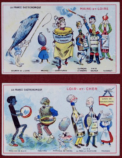 Propagační a vzdělávací karty pro děti zobrazující speciality z oblasti Maine-et-Loire a Loir-et-Cher, kolem roku 1910 od French School