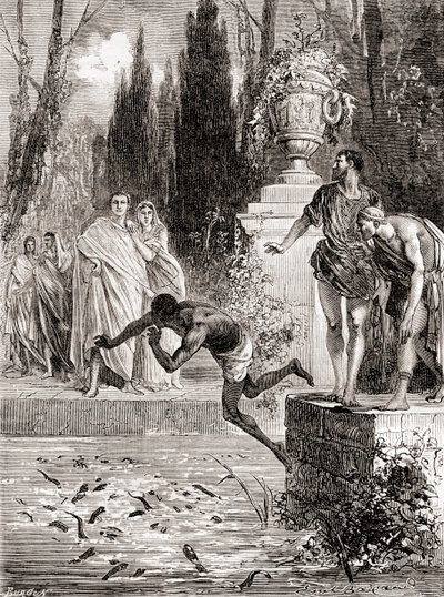 Publius Vedius Pollio, římský jezdec, krmící otroka svých úhořů mihulí, z Les Merveilles de la Science, vydáno kolem roku 1870 od French School