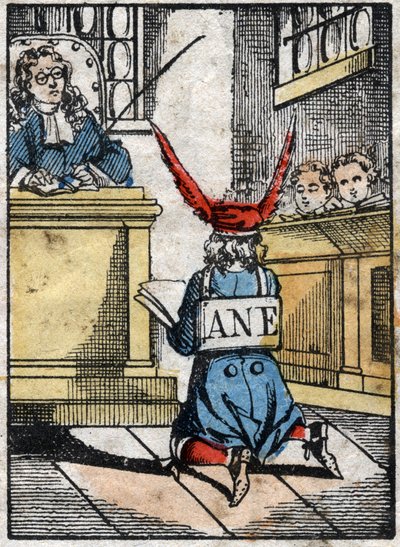 Trest ve škole: Žák potrestán, s oslí čepicí. Epinal zobrazování z konce 19. století. od French School