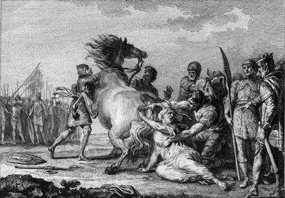 Trest Brunehaut, 613: Brunehaut nebo Brunehilde (543-613), královna Austrasie, je připevněna k ocasu nezdolného koně, než je stažena na zem. Rytina 18. století. od French School
