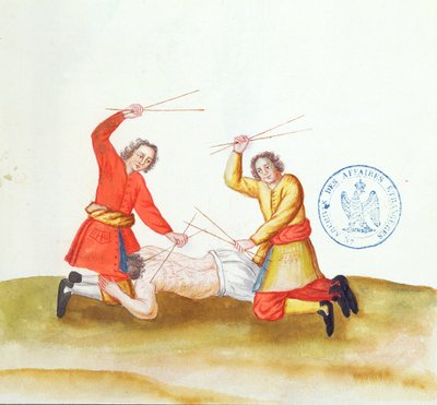 Trest hůlkami, z Voyage en Russie, 1731 (pero, inkoust a wc na papíře) od French School