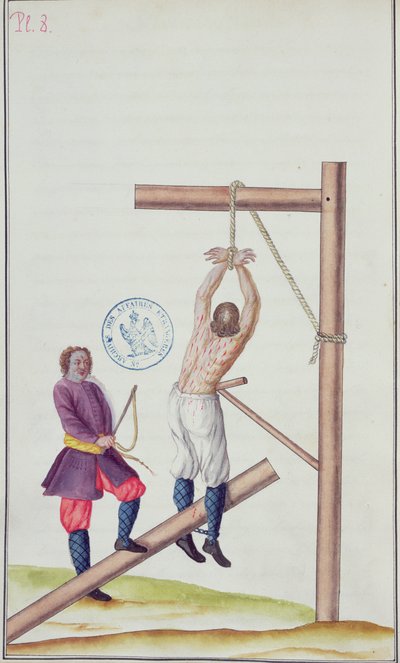 Trest klatem při zavěšení na laně, z Voyage en Russie, 1731 (pero a inkoust a wc na papíře) od French School
