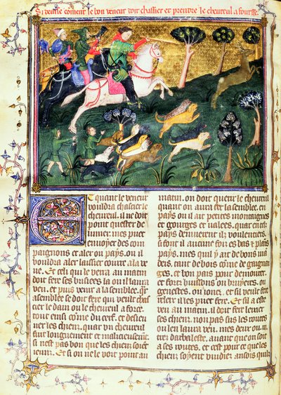 Pronásledování srnce, z Livre de la Chasse, původní text napsal Gaston III, Comte de Foix Phebus le Chasseur (1331-91) Avignon, 1387-89 (kvaš na pergamenu) od French School