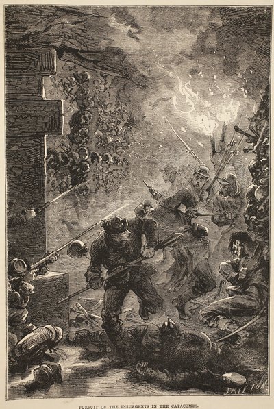 Pronásledování povstalců v katakombách, květen 1871, ilustrace z Cassells Historie války mezi Francií a Německem, 1870-1871 od French School
