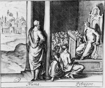 Pythagoras (asi 570-480 př.nl) vyučující třídu studentů, ilustrace z Ovidiových Metamorfóz od French School