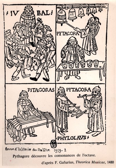 Pythagoras (asi 580-500 př. n. l.) objevující souzvuky oktávy z Theorica Musicae od Franchina Gaffuria, poprvé publikovaného v roce 1480, z Revue de lHistoire du Theatre, 1959 (bw phot od French School