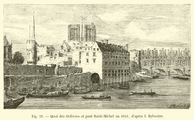 Quai des Orfevres a Pont Saint-Michel v roce 1650, po I Sylvestre od French School