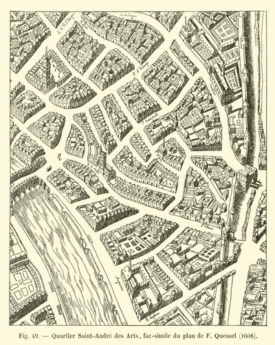Čtvrť Saint-Andre des Arts, faksimile plánu F Quesnela, 1608 od French School