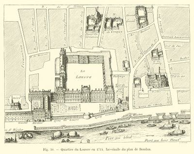 Čtvrť Louvre v roce 1714, faksimile Boudanova plánu od French School