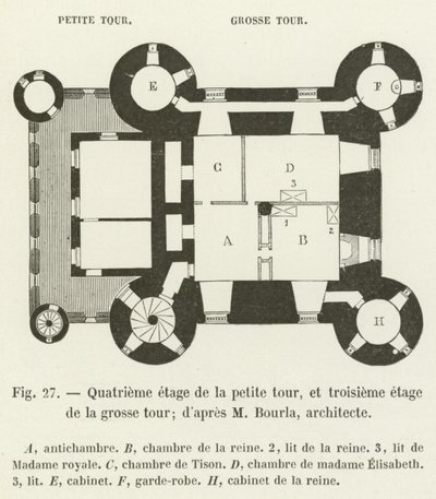 Čtvrté patro malé věže a třetí patro velké věže; podle M Bourly, architekta od French School