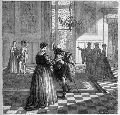 Královna Margarita Navarrská (1492-1549) se setkává s Pominim. Rytina do „Historie prostituce a zhýralosti mezi všemi národy světa od starověku po současnost“ od Dr. Th. -F. Debray. 1879. od French School