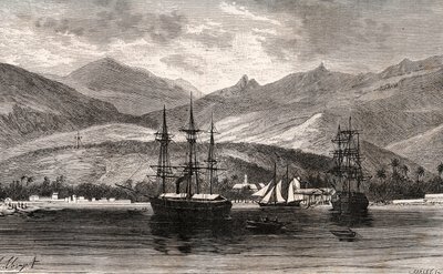 Rade de Taiti - Tahiti - rytina v „La France illustrée: geografie, historie, statistická správa“ od V.A. Malt-Brown. 1884 od French School