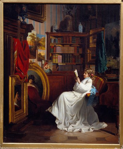 Čtení dívka čtení knihy v kanceláři. Malba francouzské školy. Soukromá sbírka 19. století od French School