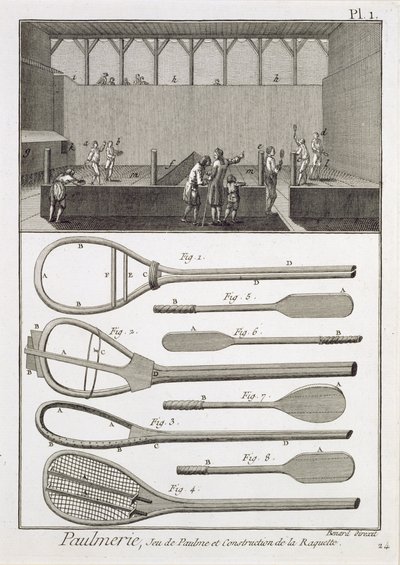 Skutečný tenis a konstrukce raket, z encyklopedie Denise Diderota (1713-84), vyrytého Robertem Benardem (nar. 1734), vydané kolem roku 1770 od French School