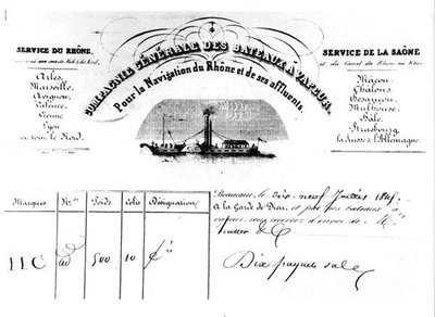 Potvrzení o zboží vydané společností Compagnie Generale des Bateaux Vapeur Pour la Navigation du Rhone a jejími přítoky od French School
