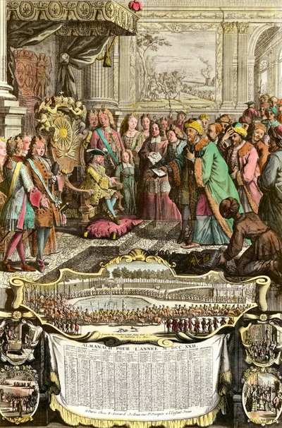 Přijetí tureckého velvyslance velkého sultána Achmeta Mehemeta Effendiho Ludvíkem XV. 21. března 1721 v Tuileriích. Rytina z 18. století. Soukromá sbírka. od French School
