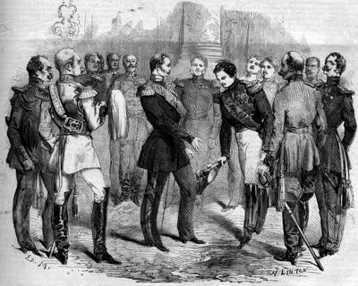 Přijetí francouzského císaře Napoleona III. (1808-1873) ruským carem Alexandrem II. (1818-1881) ve Varšavě (Polsko) od French School