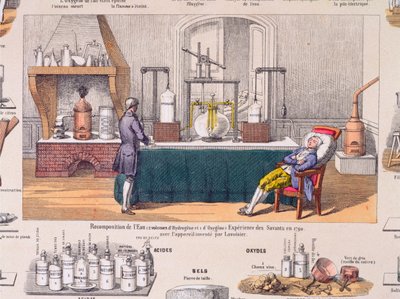 Rekompozice vody z vodíku a kyslíku: Antoine Laurent de Lavoisier (1743-94) experimentující s dýcháním odpočívajícího muže, ilustrace z naučné desky, kolem 1860 (barevná rytina od French School