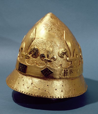 Rekonstrukce pozlacené přilby Karla VI. (1368-1422) nalezené při vykopávkách v Louvru v roce 1986 (kov) od French School