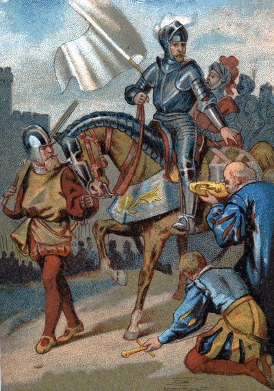 Obnovení Calais nad angličtinou vévodou z Guise v roce 1558. Chromolitografie série „“Vlastenecké vzdělávání prostřednictvím obrazu““. od French School
