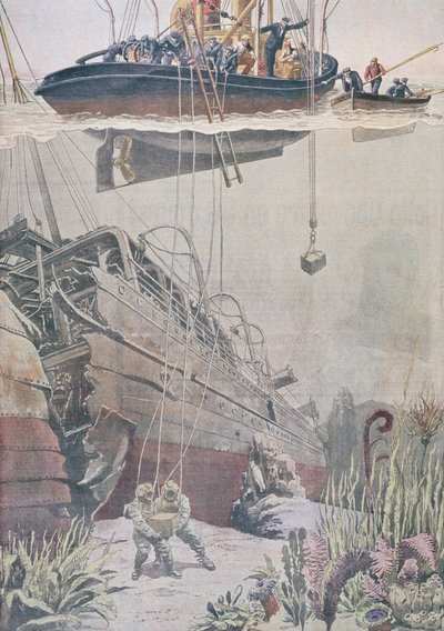 Získání pokladu z vraku Oceany, ilustrace z Le Petit Journal, 1912 od French School