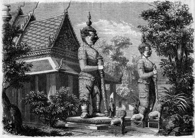 Náboženská architektura: vnější pohled na pagodu v Bangkoku (Siam) v roce 1861. Rytina v „“ Le Monde Illustré““ č. 223 z 20. července 1861. od French School
