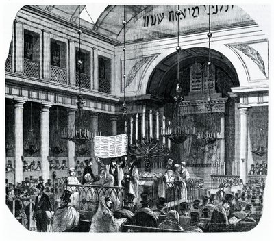 Náboženský obřad ve staré pařížské synagoze pro Roš hašana, ilustrace z Le Tableau de Paris od Edmonda Texiera, publikoval v Paříži, 1852 od French School