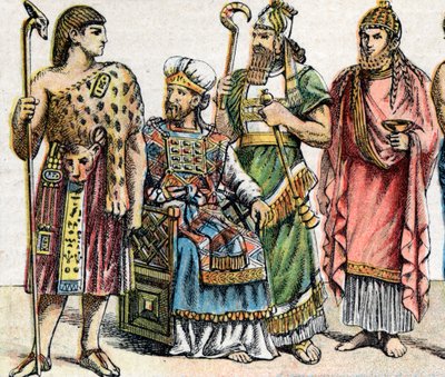 Náboženské kostýmy ve starověku: z g a d portrét egyptského velekněze, hebrejského velekněze, asyrského krále v slavnostním oděvu a fénického kněze - Rytina - Náboženské kostýmy ve starověku: zleva doprava, portrét e od French School