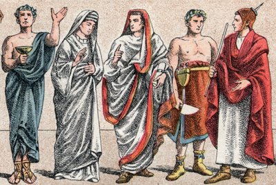 Náboženské kostýmy ve starověku: z portrétu řeckého kněze, obětního kněze, vestálky, přehrady starověkého Říma a velkého pontifika ve starověkém Římě (Pontifex maximus), římského kněze popa a flamen (flamen) oddaného uctívání z o od French School