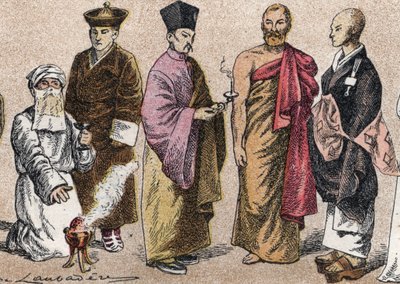 Aasian uskonnolliset puvut: g a d:sta muotokuva papista Parsista (parsismin jäsenestä tai seuraajasta), lamasta (tiibetiläinen hengellinen mestari), kiinalainen buddhalainen pappi, Ceylonin bonze ja japanilainen buddhalainen pappi - Kaiverrus - Uskonnollis od French School