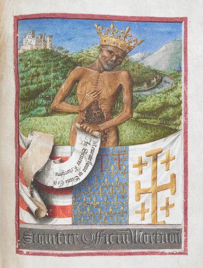 Rene, vévoda z Anjou jako korunovaná kostra, z Knihy hodin René z Anjou (vellum) od French School