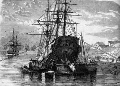 Oprava lodi (parník „Vera Cruz“): zvedneme zadní část, abychom umístili objevenou šroubovici. 1863. Rytina v „“ Le Monde Illustré““ č. 320 ze dne 30. května 1863. od French School