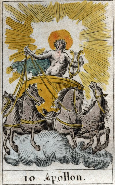 Znázornění Apollóna, boha zpěvu, hudby a poezie, na jeho voze (Apollo, Bůh světla, hudby, poezie). Z „Mytologie mládí“ od Pierra Blancharda 1803. od French School