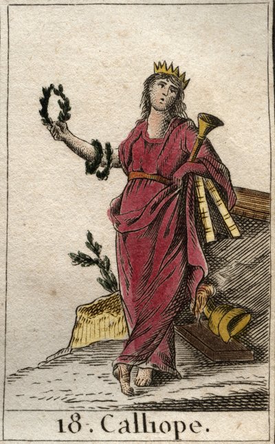 Představení Calliope, múzy epické poezie, v ruce drží korunu a trubku epopeje (Reprezentace Calliope, Múza hrdinské poezie). Z „Mytologie mládí“ od Pierra Blancharda 1803. od French School