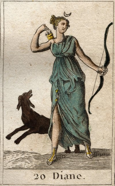 Reprezentace Diany, bohyně lovu, drží luk a šípy (Reprezentace Diany, bohyně lovu). Z „Mytologie mládí“ od Pierra Blancharda 1803. od French School