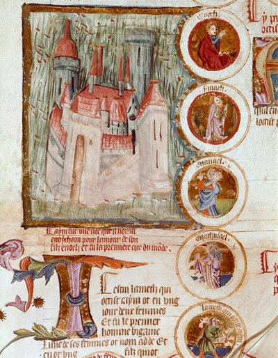 Reprezentace Enochama, první citát světa založený Yaredem (Yered, Jared nebo Jareth) na poctu jeho synovi Enochovi (Henoch nebo Henoc) Page převzatý z rukopisu „Genealogie de la Bible““ francouzské školy. 14. století Cremone, biblioteca gover od French School