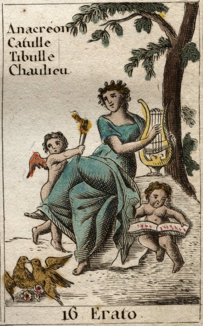 Reprezentace Erato, múza lyrické poezie, držící lyru (Reprezentace Erato, Múza lyrické poezie, držící lyru). Z „Mytologie mládí“ od Pierra Blancharda 1803. od French School