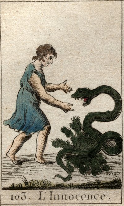 Representation of Innocence, jako dítě krmící nebezpečného hada. Z „Mytologie mládí“ od Pierra Blancharda 1803. od French School