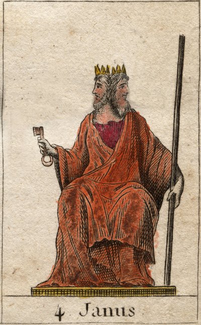 Znázornění Januse, božstva počátku a průchodů, je reprezentován dvěma tvářemi (Janus (nebo Ianus) je bůh bran, dveří, začátků a konců, zastoupený dvěma tvářemi a klíčem). Z „Mytologie mládí“ od Pierra Blancharda 1803. od French School