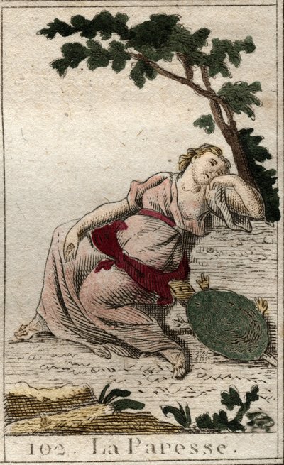 Představení lenosti, dcery Noci a spánku jako mladý muž s želvou. Z „Mytologie mládí“ od Pierra Blancharda 1803. od French School