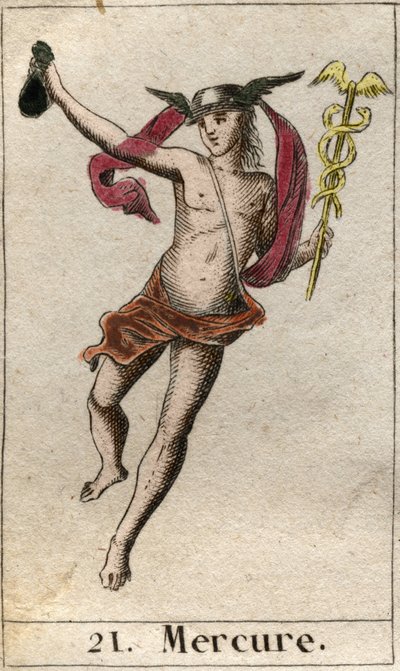 Reprezentace Merkura, boha obchodu, cestování a posla jiných bohů. Drží caduceus a nosí petase (Merkur, bůh obchodu a posel ostatních bohů, drží caduceus a nosí petasos). Z „Mytologie mládí“ od Pierra Bla od French School