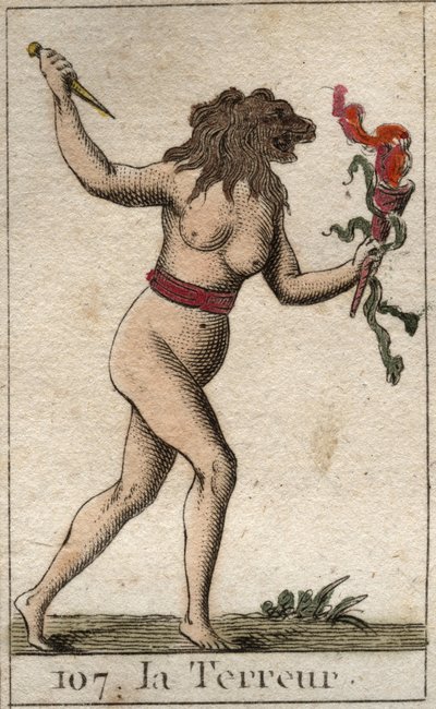 Reprezentace Terroru, jako žena se lví hlavou, držící nůž a hady. Z „Mytologie mládí“ od Pierra Blancharda 1803. od French School