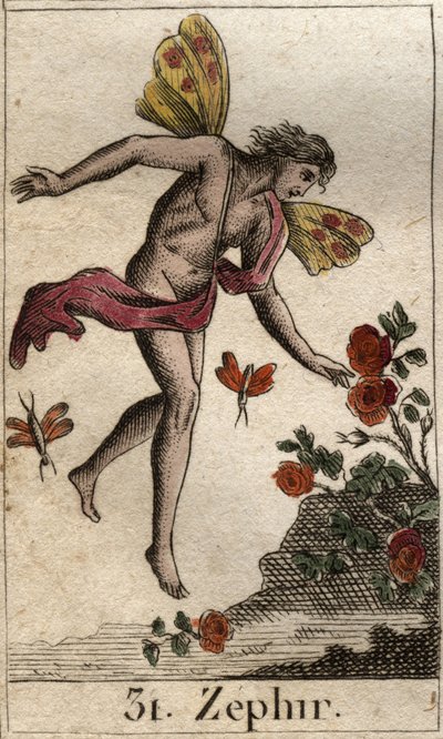Reprezentace Zephyra, personifikace západního větru. (Zephyrus (nebo Zephyr) zosobnění západního větru). Z „Mytologie mládí“ od Pierra Blancharda 1803. od French School