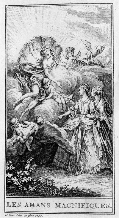 Znázornění výjevu z díla „Les lovers magnificients““ (1670) od Jeana Baptista Poquelina dit Moliere (1622-1673). Rytina z roku 1740. od French School