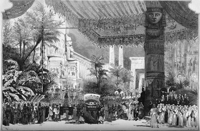 Reprezentace opery: „“Aida““ od Giuseppe Verdiho (1813-1901). Avenue des Sphinx u bran Théb (2. obraz, 2. jednání). Dekor Lavastre Young (Jean Baptiste Lavastre od French School